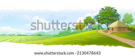 Large green meadows and farm lands next to a farm house. Royalty-Free Stock Photo #2130478643