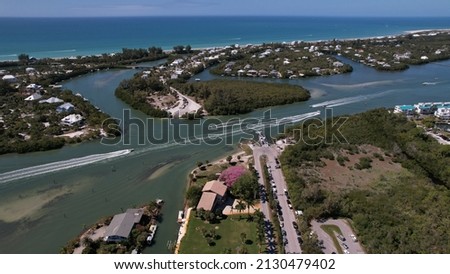Aerial view of the ferry crossing to Palm Island and Rum Bay Restaurant located at  N Gulf Blvd, Englewood, FL 34224. February 27 2022.