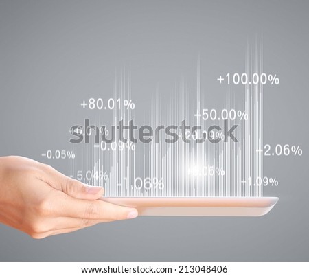 Man holding tablet computer with graphic
