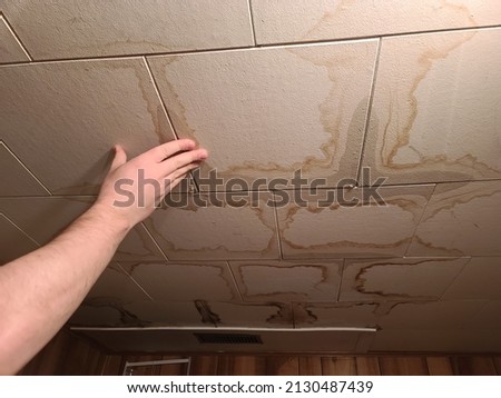 A hand pressing against a nasty ceiling with water and mold damage to it from a leak. Royalty-Free Stock Photo #2130487439