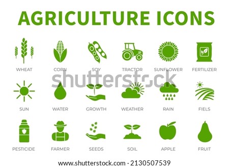 Agriculture Icon Set of Wheat, Corn, Soy, Tractor, Sunflower, Fertilizer, Sun, Water, Growth, Weather, Rain, Fields, Pesticide, Farmer, Seeds, Soil, Apple, Fruit Icons. Royalty-Free Stock Photo #2130507539