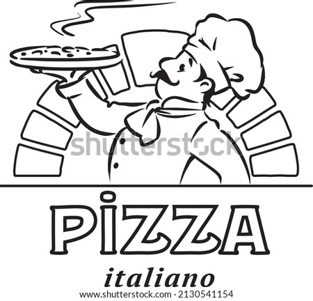 Funny chef with pizza. Emblem or logo design