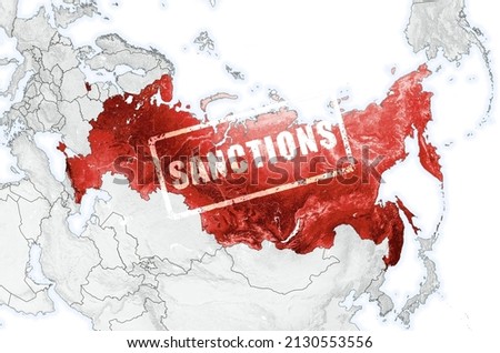 Russia on World map with countries borders. Stamp Sanctions on Russian territory. Concept of Ukraine war, crisis, economic sanctions, politics, russophobia, travel. Elements of image furnished by NASA Royalty-Free Stock Photo #2130553556