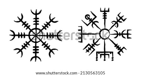 Two norse runic symbols called Aegishjalmur which aslo mean Helm of Awe and Vegvisir, also know as Wayfinder. Royalty-Free Stock Photo #2130563105