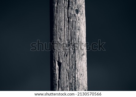 A black and white abstract photograph of an old wooden pole with rough textures.