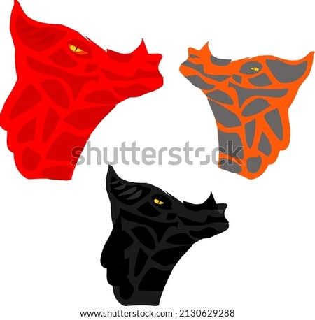 3 dragon heads with red, orange and black color variants