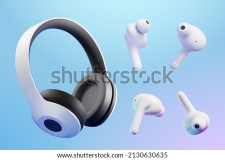 3D wireless headphones mockup. Set of realistic wireless over ear headphones and in ear headphones isolated on blue background Royalty-Free Stock Photo #2130630635