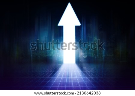 Image of door shaping bright upward arrow in the metaverse with smart city background