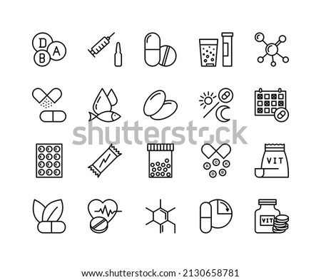 Vitamin nutrition  flat line icons set. Healthy food supplement - Vitamin, Mineral supplement, Pill, Bottle, health food. Simple flat vector illustration for web site or mobile app. Royalty-Free Stock Photo #2130658781