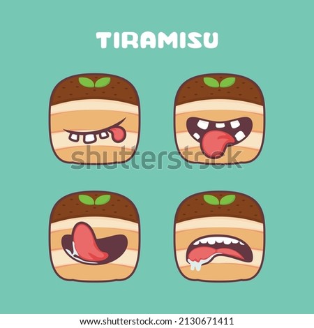 Tiramisu cartoon. vector illustration of italian cake. with different mouth expressions. cute cartoon