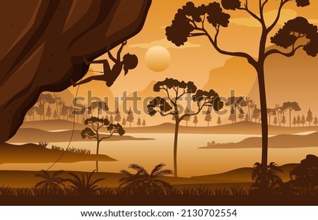Flat silhouette rock climbing in nature background illustration