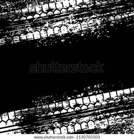 Tire tracks on dirt asphalt road vector illustration. White abstract ink grunge texture of motorcycle, car vehicle and bike, diagonal rubber wheels pattern silhouettes isolated on black background