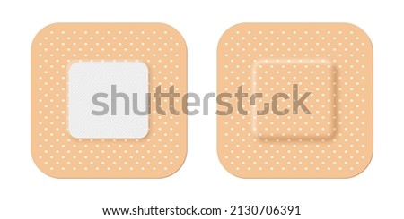Adhesive bandage set of square shape vector illustration. 3d realistic elastic band aid, back and front view of beige plaster for emergency medical care and wound on skin isolated on white Royalty-Free Stock Photo #2130706391