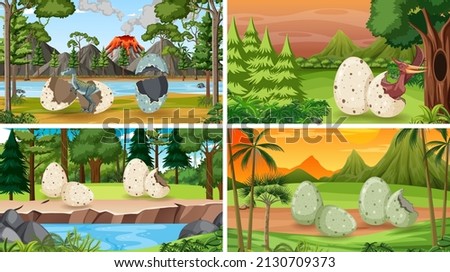 Four scenes with dinosaur eggs on the ground illustration