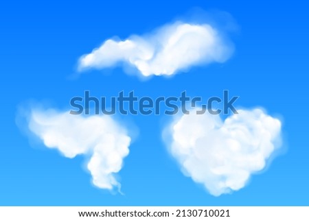 Realistic clouds of heart and abstract shapes, white fluffy spindrift or cumulus eddies flying in blue sky. Weather forecast and nature design elements, 3d Vector illustration, isolated icons set Royalty-Free Stock Photo #2130710021