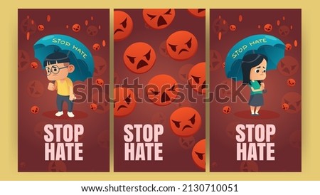 Stop Hate posters with asian kids under umbrellas and falling red angry emoji. Vector vertical banners of protest against racism and hatred with cartoon illustration of sad girl and boy from Asia Royalty-Free Stock Photo #2130710051