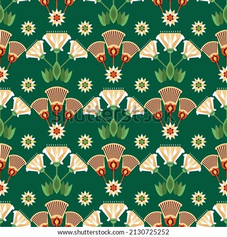 Seamless pattern vector illustration of the Egyptian ancient  ornament with a lotus flower, leaves,  papyrus, palm tree.  Egyptian culture element  For wallpaper, wrapping, paper, fabric, background