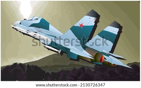 Russian twin engine jet fighter Sukhoi SU-30 "Flanker" illustration with militariy olive green Drab color mountain background. Royalty-Free Stock Photo #2130726347