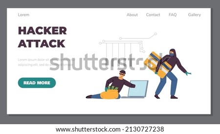 Hacker attack concept of website banner with anonymous hackers or cybercriminals attacking computer, flat cartoon vector illustration. Cyber internet security.