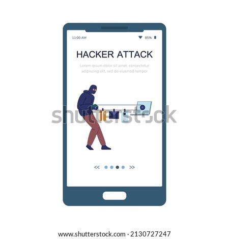 Hack attack concept onboarding screen with internet scammers stealing user data. Computer fraud and personal security system hacking, flat vector illustration.