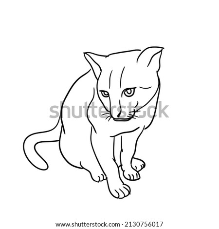 black stripes cat sitting and looking down at the ground.Isolated vector illustration on a white background.