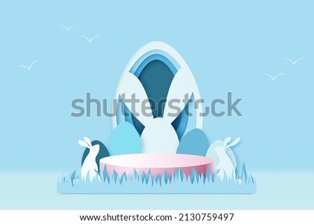 Happy Easter background.Paper art of easter eggs and rabbit with egg shape.Product display podium mockup, Banner template design.Vector illustration.