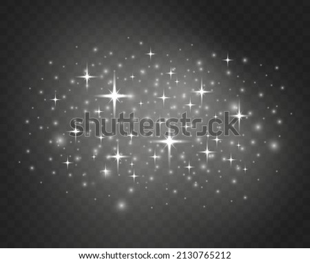 White sparks and stars glitter special light effect. Dust sparks glitter, star night sky, space, dusty shine light. White glitter wave on transparent background. Shining flare bokeh. Vector.