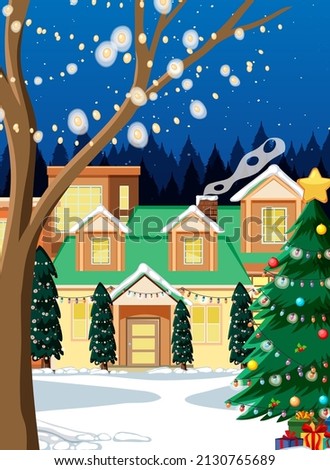 Christmas winter scene with snow covered village  illustration