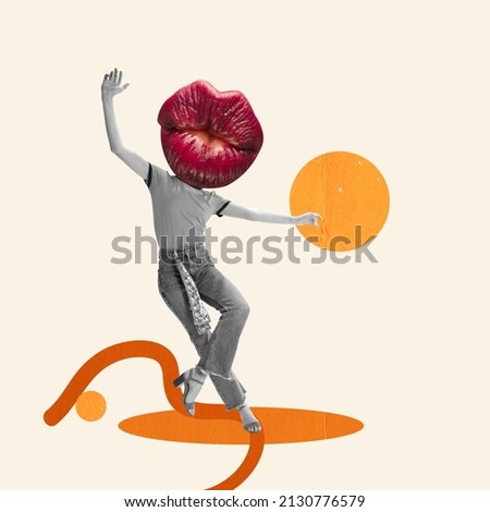 Contemporary art collage. Young woman with lips head cheerfully dancing isolated over beige background. Retro, vintage design style. Concept of creativity, imagination, inspiration. Copy space for ad