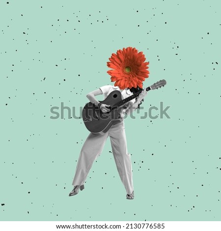 Contemporary art collage. Young stylish woman with flower head playing guitar isolated over blue background. Vintage retro style. Concept of freedom, creativity, fun, party, love and ad Royalty-Free Stock Photo #2130776585