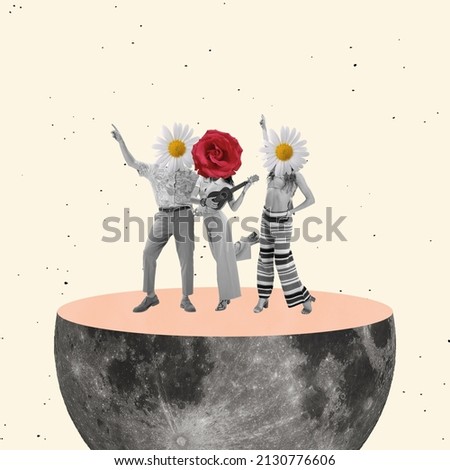 Contemporary art collage. Young people in stylish hippie cloth with flower heads dancing on half moon statge isolated over white background. Concept of freedom, fun, party, love and ad