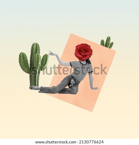 Contemporary art collage. Young woman with rose flower head sitting aroud cactus isolated over light pastel background. Retro and vintage style. Concept of freedom, fun, party, love and ad Royalty-Free Stock Photo #2130776624