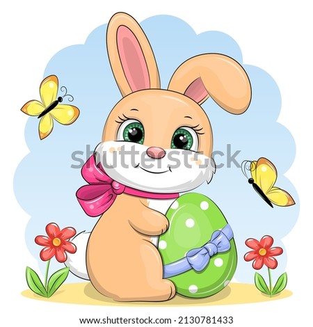 Cute cartoon easter bunny with a green egg. Holiday vector illustration of an animal with flowers and butterflies on a blue background.