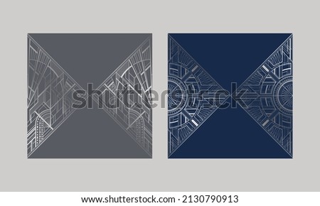 Set of grey and dark blue cards with silver art deco ornament