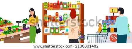 Supermarket, grocery store with food on shelves. Sale, discounts in food store. Shop in mall for selling groceries. People make purchases, choose goods, buy products in supermarket vector illustration