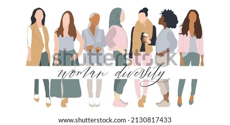 cross cultural, multi ethical, diversity women. concept of woman power, mother, history mount, march, woman's day celebration, feminism, activist. vector illustration