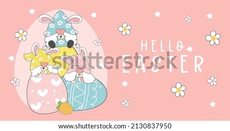 Happy Easter greeting, group of Three cute happy funny Gnome bunny ears pastel on Easer eggs, elf cartoon drawing outline vector, happy holidays banner