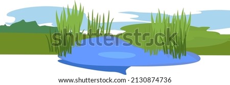 Abstract cartoon landscape with blue pond and green grass
