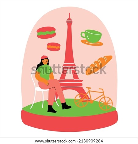 design drawing of a woman relaxing near the eiffel tower
