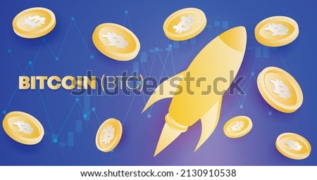 Bitcoin BTC cryptocurrency banner and background template with illustration of spaceship and crypto coins floating