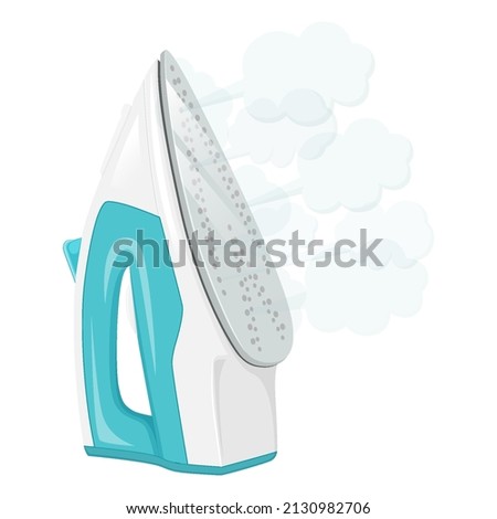 Iron with cloud of steam isolated on white background, flat design vector illustration Royalty-Free Stock Photo #2130982706