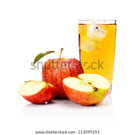 Studio shot of sliced wet red apple with leaf,water drops and apple juice with ice isolated on a white background