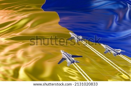Fighter jets flying over Ukraine flag. 3D illustration Ukraine vs Russia conflict. Geopolitical crisis. Blue and yellow colour theme. Armed attack on Ukraine.