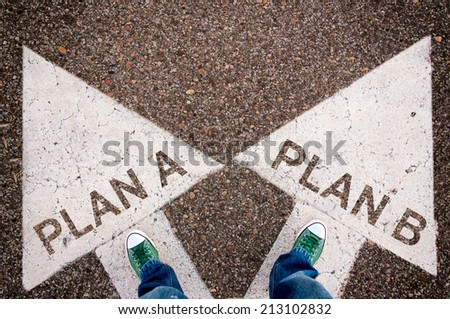 Plan a and b dilemma concept with man legs from above standing on signs