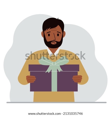 A sad man holds a large gift box with a bow in his hands. Vector