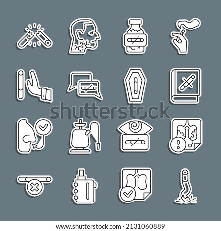 Set line Cigarette butt, Disease lungs, Book with stop cigarette, Nicotine gum in blister pack, No smoking, Giving up, Broken and Death from icon. Vector