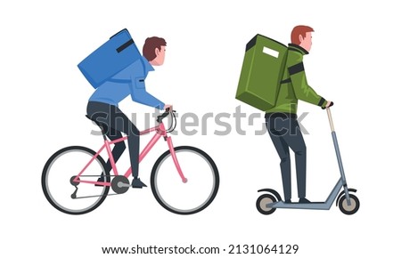 Food Delivery Courier Service with Man on Scooter and Bicycle Carrying Bag Vector Set