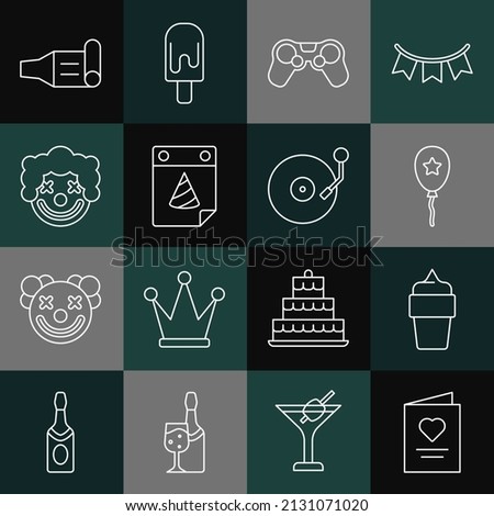 Set line Postcard with heart, Ice cream in waffle cone, Balloon ribbon, Gamepad, Calendar party, Clown head, Birthday horn and Vinyl player disk icon. Vector