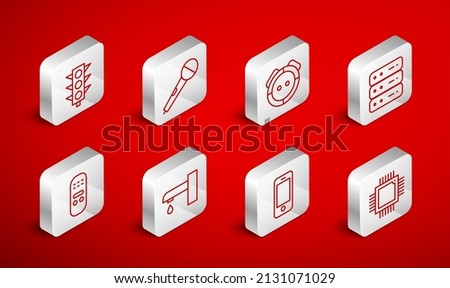 Set line Processor with microcircuits CPU, Microphone, Robot vacuum cleaner, Server, Data, Web Hosting, Smartphone, Traffic light, Water tap and Remote control icon. Vector