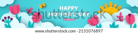 Happy Mother's day sale header or voucher template, tulips and paper cut clouds. Horizontal banner with blue sky and flowers. Place for text. Women's day, 8 march spring border frame, promo card